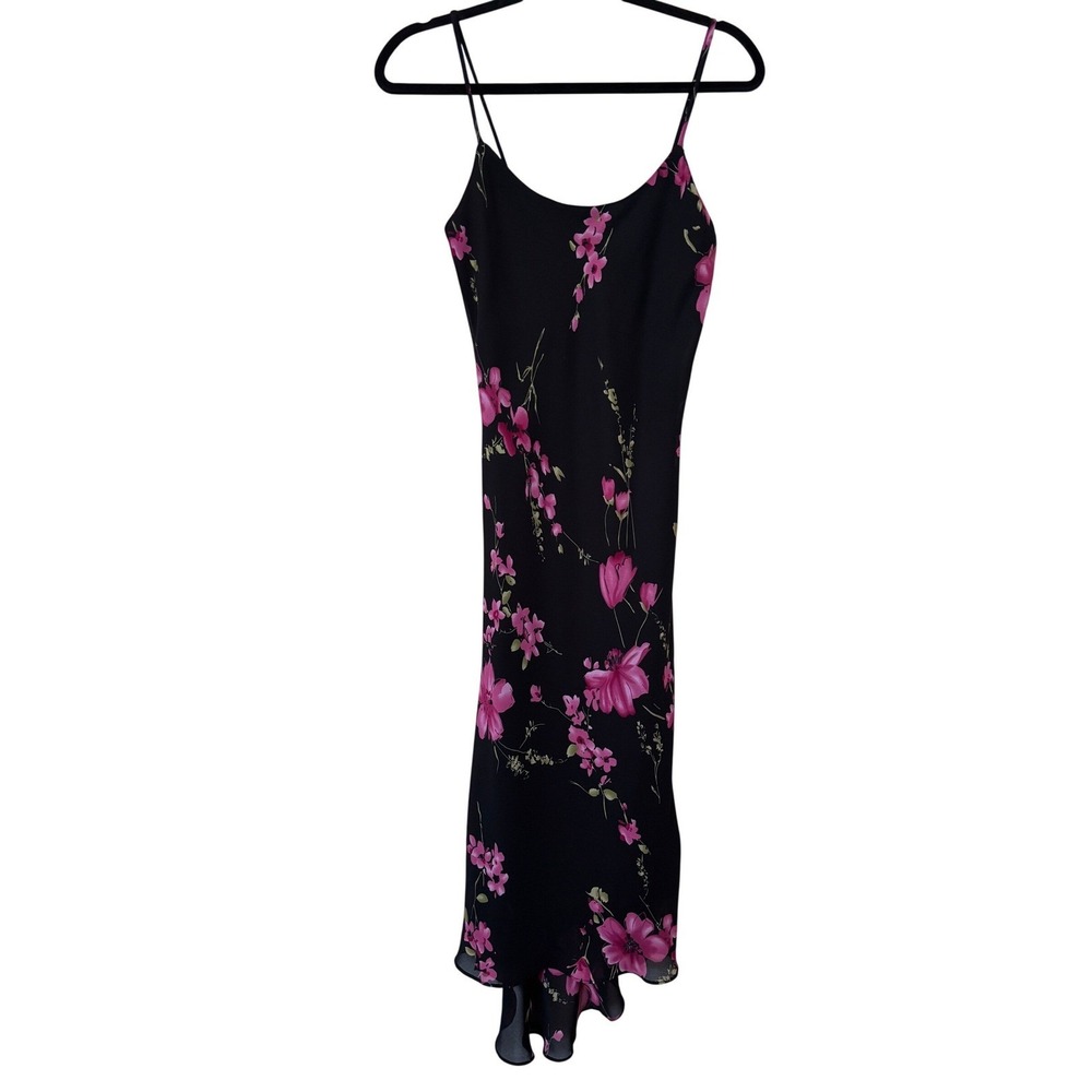 Vintage 90s Fairweather Black Pink Floral Slip Dress Midi Handkerchief Hem S/P